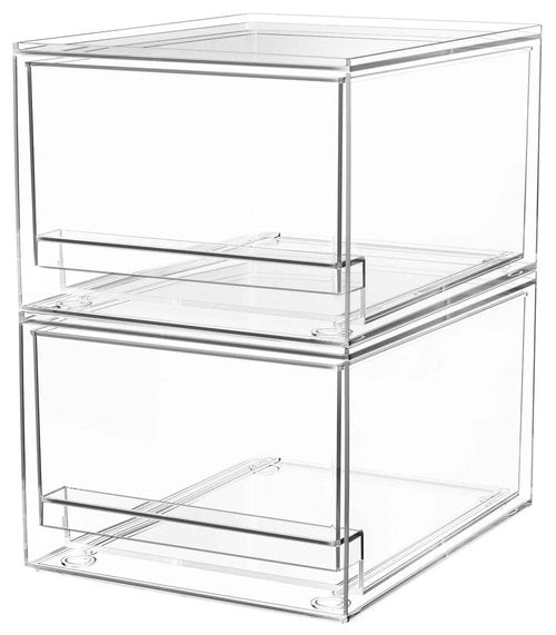 A-LuGei 【𝟮𝗣𝗖𝗦】 Acrylic Stackable Storage Drawers, 7.5" L Makeup Organizer, Bathroom Organizer and Storage, Plastic Storage Bins for Kitchen Cabinet Pantry Medicine Fridge
