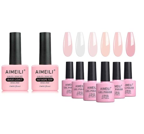 AIMEILI Hema-Free Shine Finish No Wipe Top and Base Coat 2 x 15ml Set, Builder Base Clear Sheer Color Gel 6pcs X 10ml