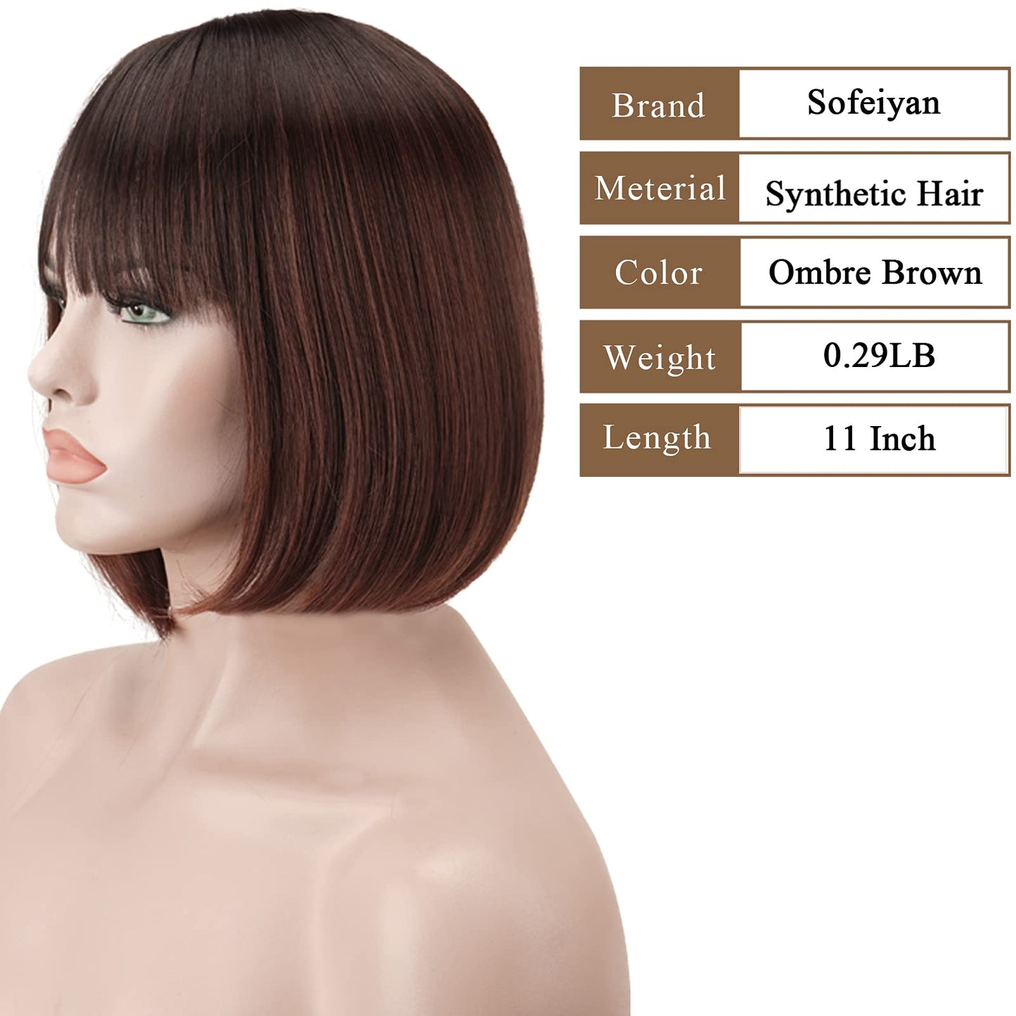 SOFEIYAN Short Straight Bob Wigs with Bangs 11 inch Synthetic Daily Party Cosplay Hair Wig for Black Women, Ombre Auburn