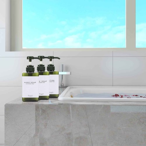 GOYISEE Plastic Refillable Hand Soap Dispenser Modern Square Pump Bottle for Bathroom Vanities or Kitchen Sink, Countertops - 3 Packs with Waterproof Label(Green)
