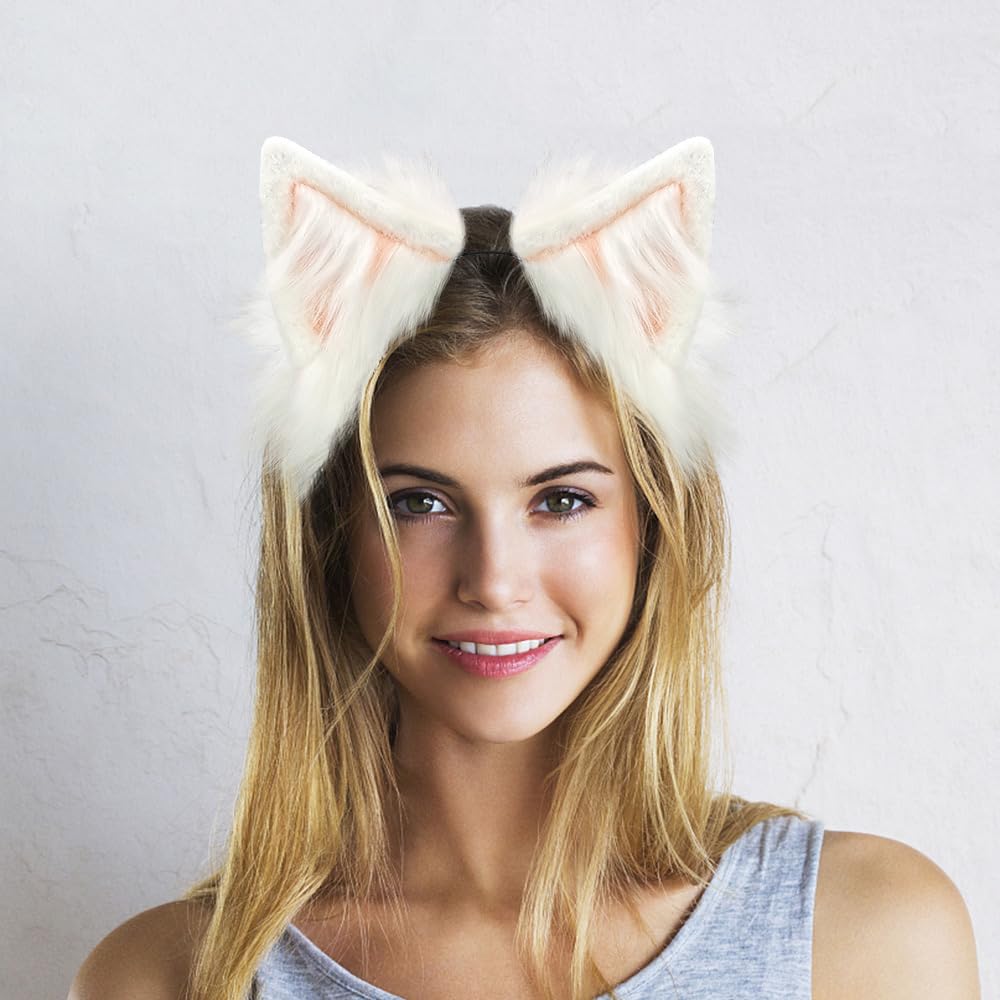 GaliaFaya Cat Wolf Fox Dog Ears Headband Handmade Long Faux fur Cosplay Halloween Costume Party (White and Pink)