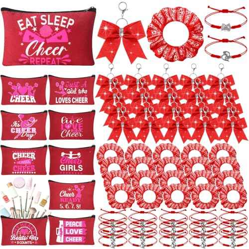 Mimorou 80 Pcs Cheer Gift Bulk for Team Cheerleader Gifts Include 20 Cheerleader Bracelet 20 Cheer Makeup Bag 20 Keychain 20 Scrunchies for Cheerleading Party Favors