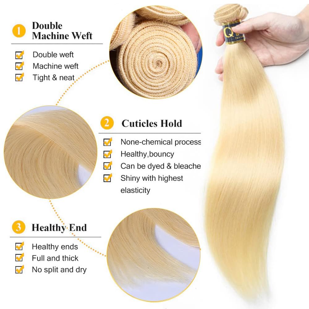 QTHAIR Straight Human Hair Blonde Bundles 18 20 22inch 14A Grade 100% Brazilian Human Hair Color #613 Platinum Blonde Straight 14 16 18 inch Brazilian Virgin Straight Human Hair 3 Bundles