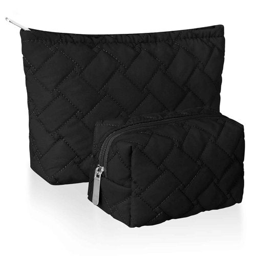 Huhumy 2 Pc Christmas Gift Makeup Bag Set Cute Quilted Cosmetic Pouch for Women Travel Toiletry Bag Preppy Small Makeup Purse Pouch Skincare Brushes Storage Organizer Pencil Case Set(Black)