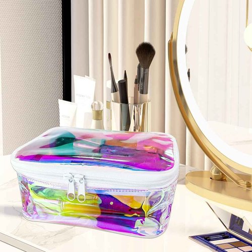 TotePrint TPU Holographic Clear Makeup Bags Bulk,Clear Storage Bag Toiletry Pocket Portable Zippered Iridescent Pouch Waterproof Cosmetic travel Bags with white zipppe for Women