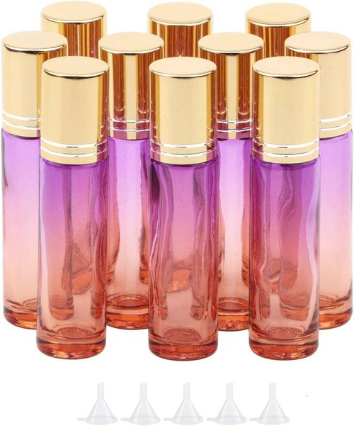 Ellbest 10pcs 10ml Rolling Glass Bottle for Essential Oil Colorful Roller Bottles with Stainless Steel Roller Balls & Funnels for Perfume (Purple Orange Gradient)