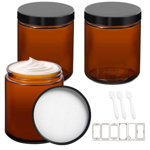 3 Pack 8 oz Amber Glass Jars with lids, Cosmetic Jars with Black Lids, Glass Lotion Containers, Candle Making containers for Lotions, Scrubs and Cosmetic, Lables and Spatulas Include