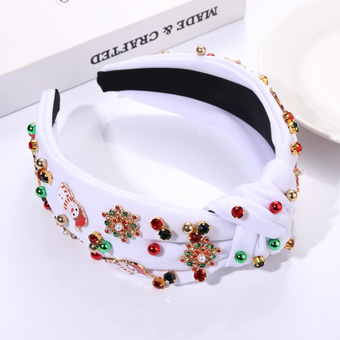 PHALIN Christmas Holiday Headband for Women Christmas Accessories Reindeer Snowflake Candy Cane Knotted Headband Red Green Beaded Rhinestone Pearl Wide Top Knot Headband Xmas Plaid Hairband (Snowman)