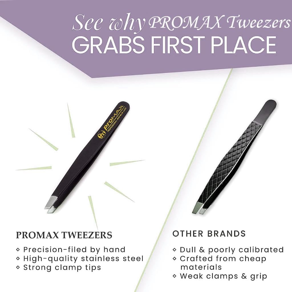 PromaxCare Tweezers Set - Professional Stainless Steel Tweezers for Eyebrows - Great Precision for Facial Hair, Splinter and Ingrown Hair Removal (Black)