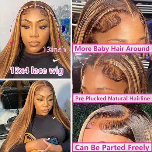 SIFULAN 13x4 Honey Blonde Lace Front Wig Human Hair 180 Density 26 Inch Highlight Ombre Straight HD Transparent Lace Pre Plucked Human Hair Wigs for Women P4/27 Color