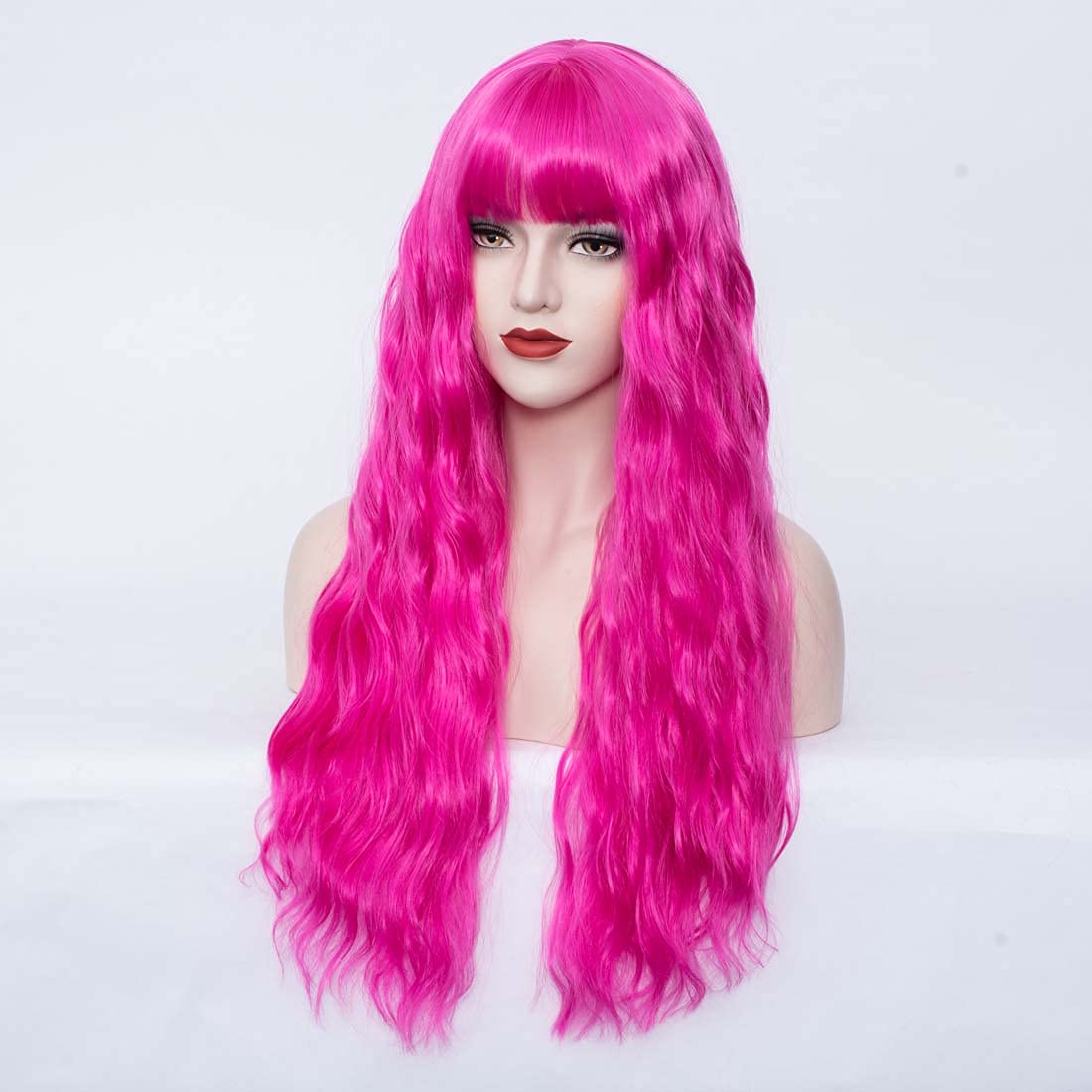 WGPFWIG Women's Hot Pink Wig 27''Long Curly Wavy Wig Shoulder Length Flat Bangs Wig For Women Girl Cosplay Party Halloween Wig Cap Included (27''Hot Pink)