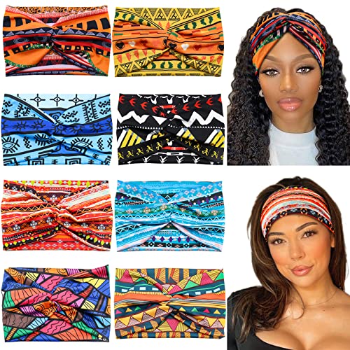 Wide African Headbands for Women Boho Twist Head Bands Elastic Turban Headwraps for Lady Yoga Sports Workout Stretchy Hairband,Pack of 8