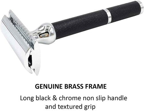Parker 71R Medium Weight Long Handle Double Edge Safety Razor with 5 Parker Platinum Stainless Steel Razor Blades - Black Electroplated Brass Handle