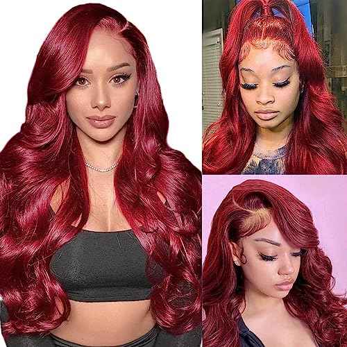 99J Burgundy Wine Red Color Body Wave 13x4 HD Lace Front Glueless Wigs Human Hair Pre Plucked Bleached Knots with Baby Hair Wigs Brazilian Human Hair Natural Hairline Wigs for Women(24Inch)