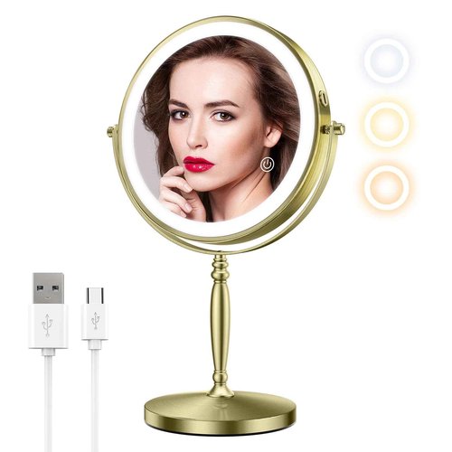 Matekxy 8" Lighted Makeup Mirror with Magnification - 1X/10X Magnifying Desk Mirror with Rechargeable LED Lights, 3 Colors Dimmable Tabletop Mirror, Brass Gold