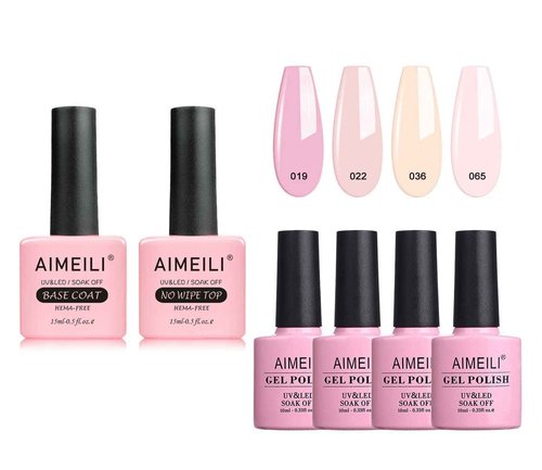 AIMEILI Hema-Free No Wipe Top and Base Coat Set, and Natural Sheer Pink Color Gel Set