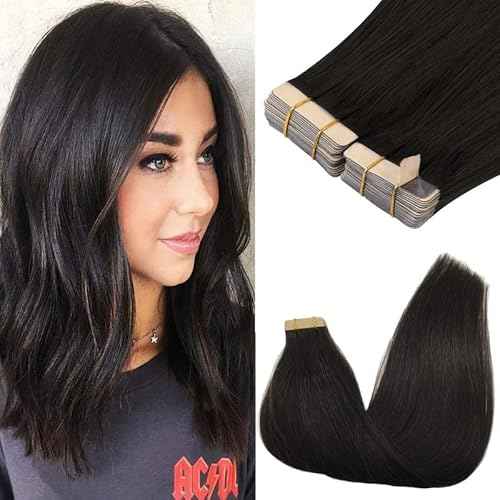 GOO GOO Tape in Hair Extensions Human Hair, 1B Natural black, 18inch 100g 40pcs, Skin Weft Seamless Invisible, Silky Straight with Thick Ends, Remy Human Hair
