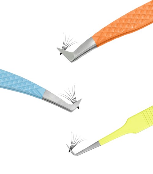 SIVOTE Lash Tweezers for Eyelash Extensions Fiber Tips, Set of 3, Volume, Volume Boot, 90 Degree Tweezers, Blue Yellow Orange