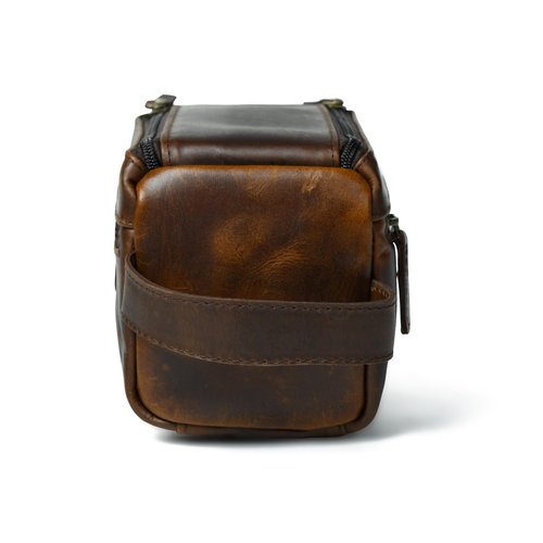 Leather Toiletry Bag for Men – Handmade Travel Kit, Small Leather Shaving & Toiletry Organizer, Durable Waxed Canvas Lining (Brown)