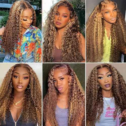 5x5 Hd Lace Closure Wigs Human Hair Highlight Deep Wave Closure Wigs Human Hair for Women Honey Blonde Wig Human Hair Pre Plucked P427 Ombre Wet Wavy Deep Curly Wig 180% Density 26 Inch