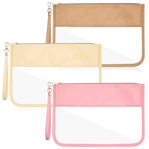 Sanwuta 3 Pcs Clear Zipper Pouches - Nylon Makeup Bags Cosmetic Travel Toiletry with Zipper, Preppy PVC Flat Pouch for Women Girls(Pink, Beige, Brown)