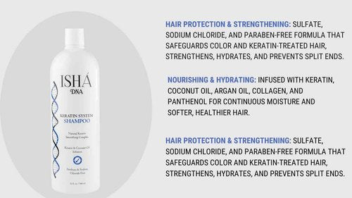 ISHA DNA Keratin Treatment System Shampoo - Sulfate and Parabens Free - For Keratin-Treated and All Hair Types - Coconut Oil Infused (32 Fl oz.)