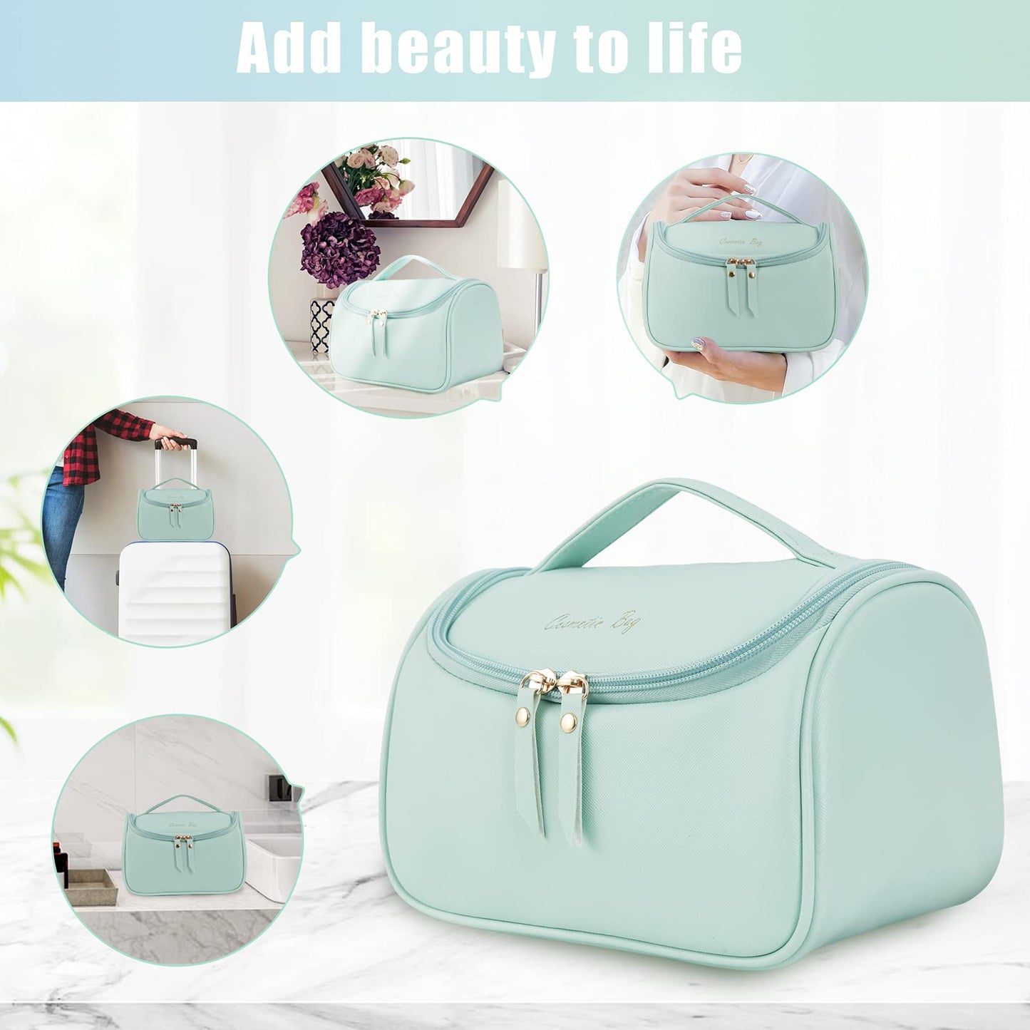 NUFR Large Makeup Bag,PU-Leather Cosmetic Bag,Water-resistant Toiletry Pouch,Portable Travel Essentials Case,Make up Bags for Women Girls (Mint Green)