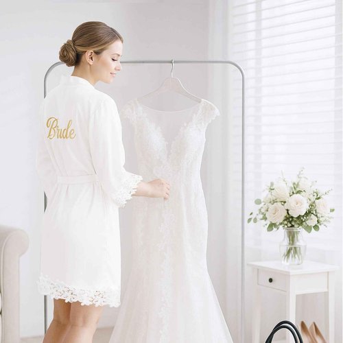 Hazms 3 Pcs Bride Robe for Wedding Day Set with Makeup Bag, Slippers, Lace Trim White Robe -Short Getting Ready Wedding Robes Bridesmaids Bride Gifts