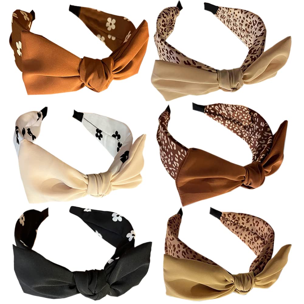 HUANMAYE 6Pcs Wide Headbands for Women Elastic Fabric Hair Bands Fashion No Slip Cashew Design Hair Hoops Knotted Hair Accessories for Girls (2Leopard)