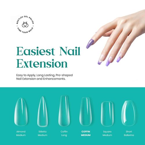 beetles Gel Polish 2 in 1 Nail Glue Base Gel and No Wipe Top Coat Kit,and Medium Coffin False Nails Tips 500Pcs