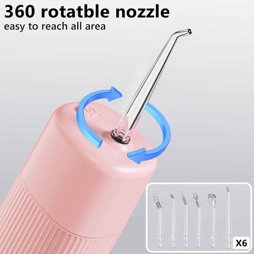 HUACO CARE Portable Mini Water Flosser, Oral Irrigator Water Teeth Cleaner Pick with Telescopic Water Tank,3 Modes & IPX7 Waterproof, Home & Travel (Pink)