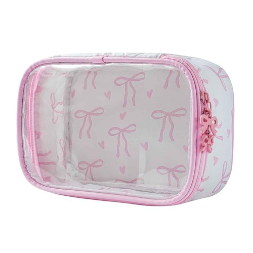 RSRSLEII Cute Clear Makeup Bag with Bow Pattern,Transparent Nylon Travel Cosmetic Case with Zipper,Portable Makeup Organizer Pouch for Essentials(01Pink)