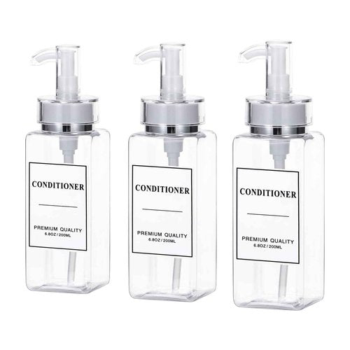 Yeeco Plastic soap Dispenser, Clear 3 Pcs Refillable Shampoo and Conditioner Bottles, Empty Shower Bottles with Pump, Labels for Shower Bathroom Kitchen, 6.8oz/200ml