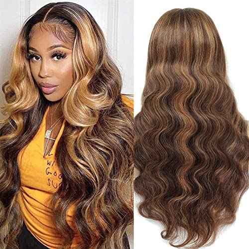 Yllies Honey Blonde Highlight Ombre Middle Part Lace Front Wigs Human Hair T Part HD Transparent Lace Body Wave Wigs 180% Density Brazilian Human Hair 4/27 Colored Glueless Wigs for Women(24 Inch)