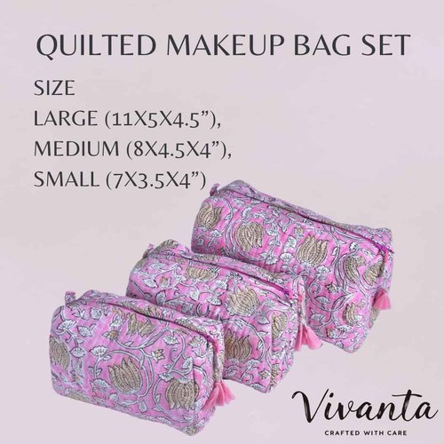 Vivanta Quilted Makeup Bag Set 3 Pcs – Travel Toiletry Bag for Women, Small Cosmetic Bags, Toiletries Organizer, Make Up Travel Pouch, Portable Toiletry & Floral Block Print Makeup Bags for Travel