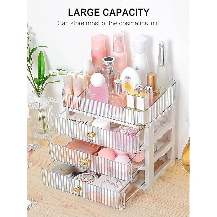 Kroshine Makeup Organizer with 3 Drawers, Countertop Organizer for Cosmetics, Desk Storage Holder for Lipstick, Brushes, Eyeshadow, Nail Polish and Jewelry (Large Capacity, Clear)