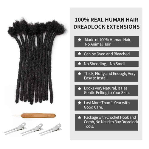 FAMILOCS Dreadlock Extensions Human Hair 12 Inch 0.6cm Width 10 Strands Loc Extensions for Man/Women Handmade Permanent Soft Locs with Needle and Clips