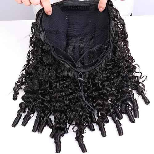 Half Human Hair Wig for Women - 18 Inch Burmese Spirally Curly Glueless Clip-In Wig, 200% Density, No Glue No Sew, Natural Black Color, No Leave Out V Shape Wigs,Heat Resistant & Easy Install