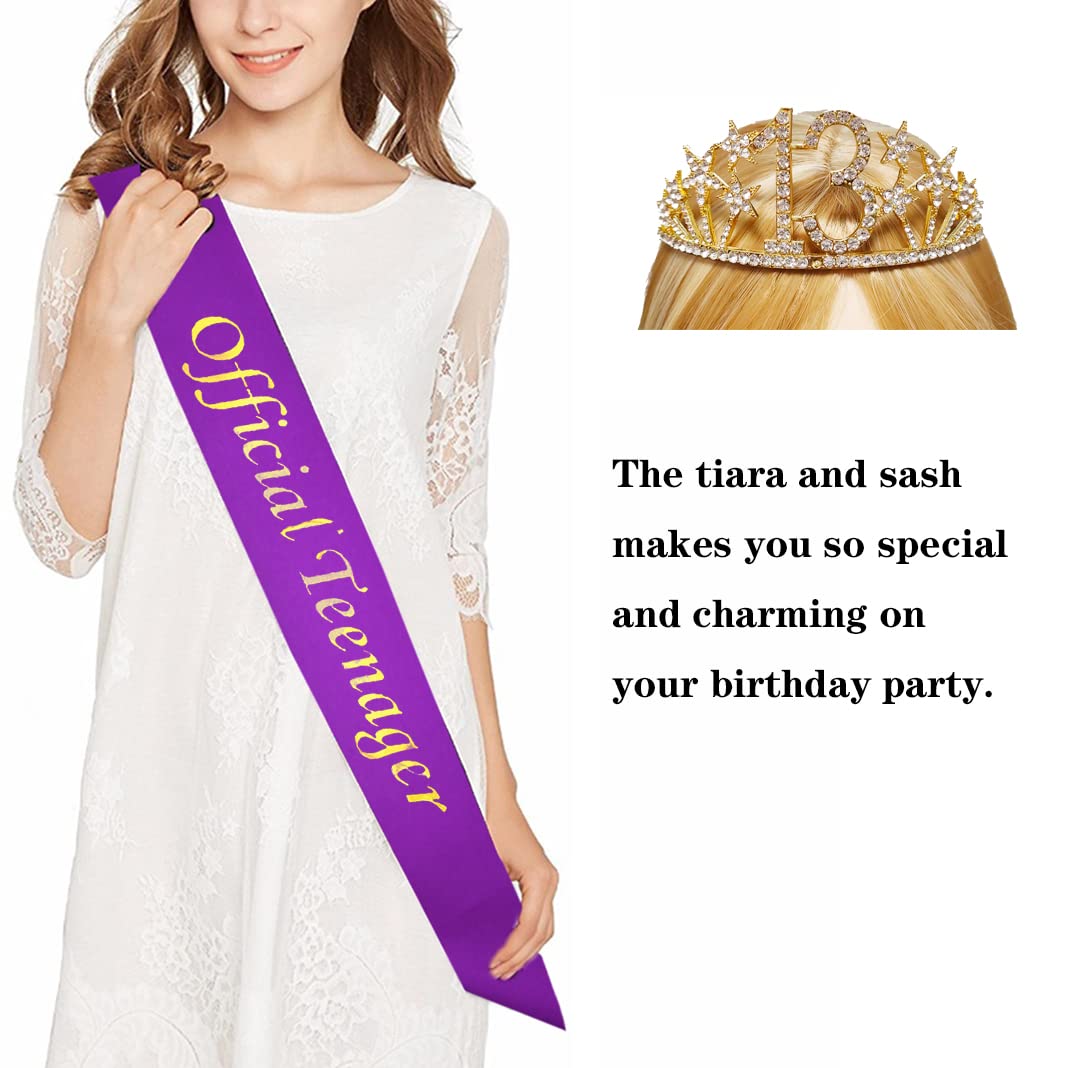 Happy 13th Birthday Tiara and Sash Gifts Crystal Rhinestone Princess Crown Birthday Girl Party Favor Supplies Gold Crowns Purple Sash