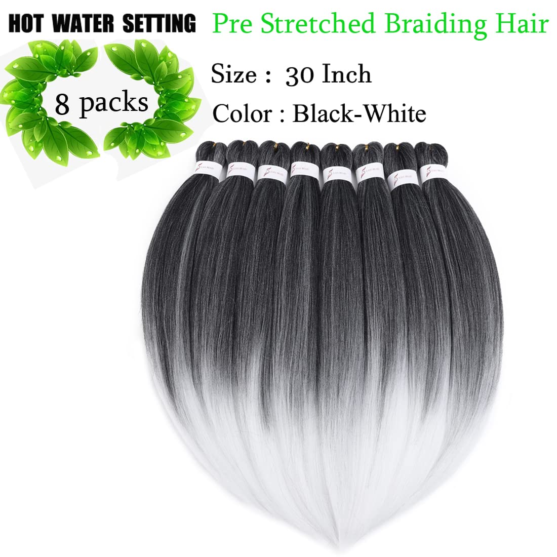 Pre Stretched Braiding Hair Extensions 30inch 8packs Mixed Color Professional Braids Hair Soft Yaki Straight Braid Hair Hot Water Setting Synthetic Crochet Hair (30inch,Mixed Black & White)