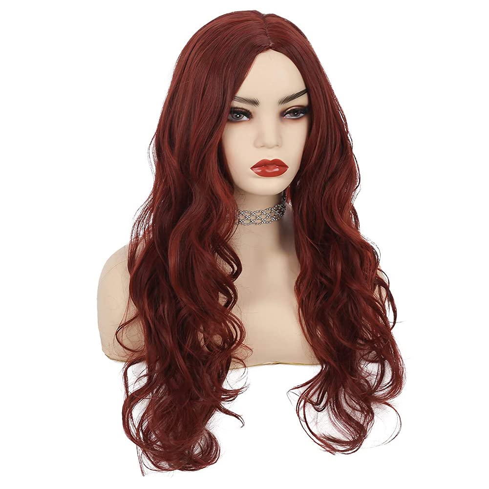 Kaneles Burgundy Curly Long Wigs for Women Wave Wig Wine Red Synthetic Wigs Middle Part Wigs Heat Resistant Fiber Halloween Cosplay Party Full Wigs(Wine Red)