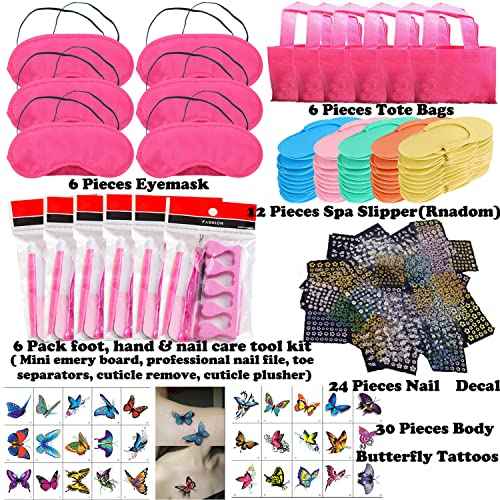 108PC Spa Party Favors Supplies for Girls, Multiple Spa Birthday Prize Item- Spa Pedicure Slipper Tote Bag Mini Emery Board Toe Separator Body Flower Mixed Nail Decal Set, Perfect Gift for Spa Day