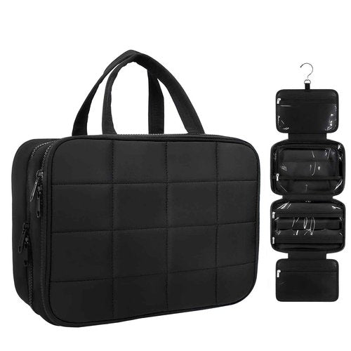 CONBOLA Travel Toiletry Bag Hanging Toiletry Makeup Bag with Jewelry Pockets, Cosmetic Storage Pouch,Jewelry Organizer for Rings Bracelets, Necklaces，Necklace Vacation and Travel Essentials.(Black)