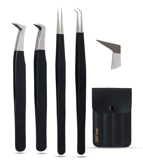 My Lash Tools - Fiber Tip Lash Tweezers for Eyelash Extensions Professional SET OF 4 Isolation, Curved & Volume Lash Tweezers set Japanese Steel Lash Supply (Matte Black)