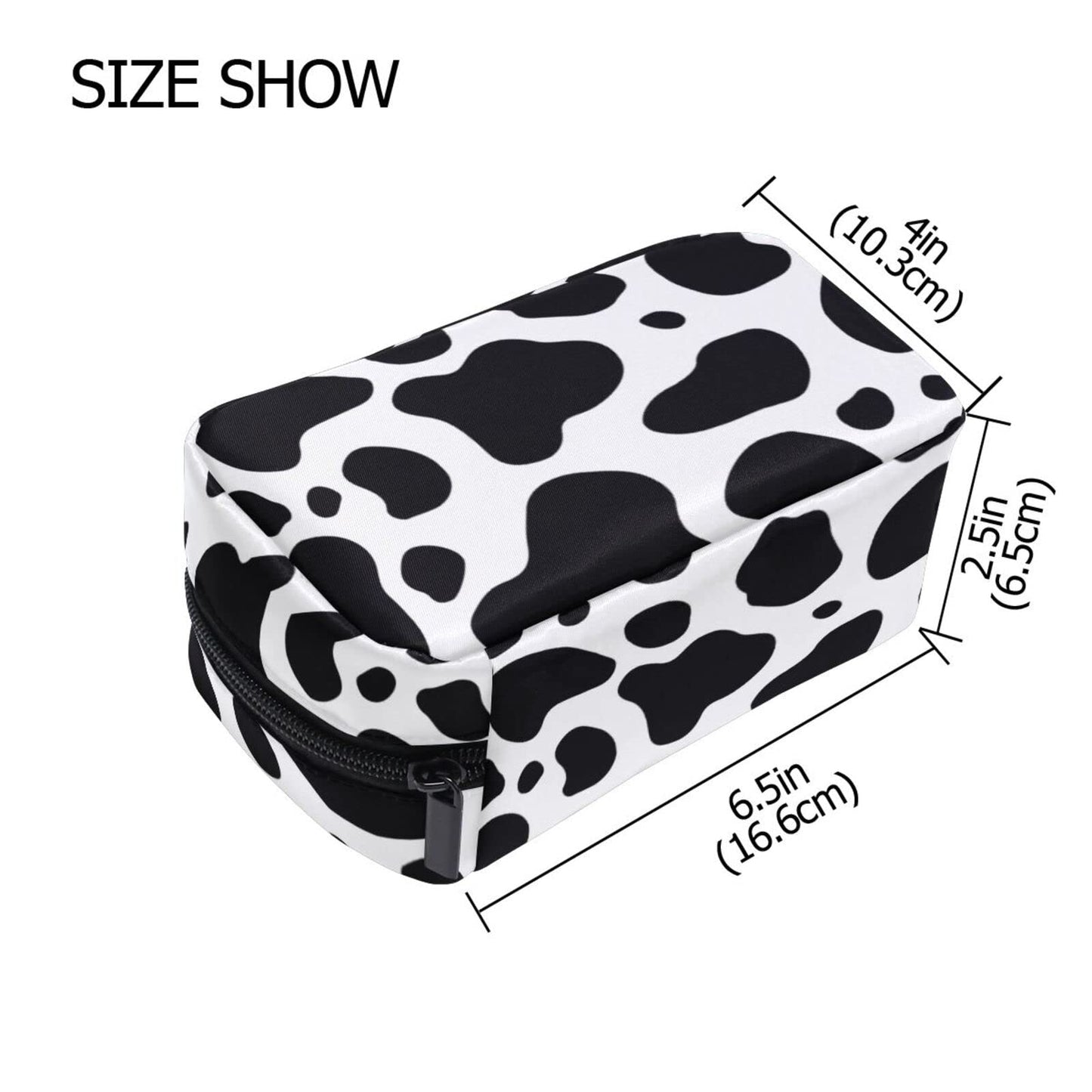 JHKKU Makeup Bag Cows Print Square Cosmetic Bag Portable Travel Toiletry Bag Black Zipper Storage Bag for Women