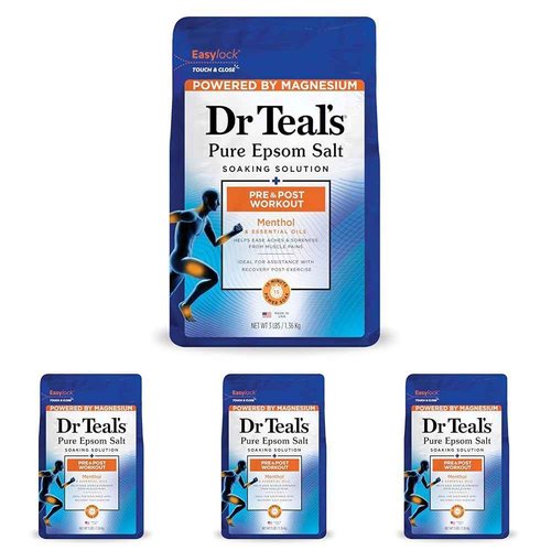 Dr Teal's Epsom Salt Magnesium Soak, Pre & Post Workout with Menthol & Essential Oils, 3 lbs (Pack of 4)