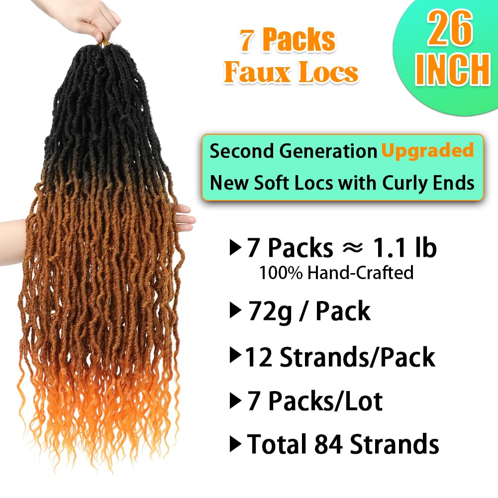 XCDIFA Faux Locs Crochet Hair 26 Inch(7 Packs) New Soft Locs with Curly Ends Goddess Locs Crochet Hair Pre Looped Synthetic Boho Locs Crochet Braids Hair for Black Women (Orange)