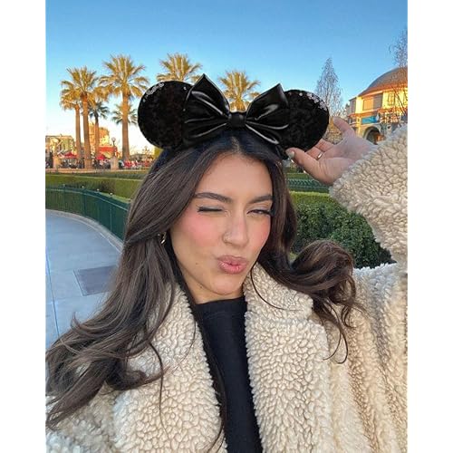 WOVOWOVO Mouse Ears Headbands for Women Black Bow Mouse ear Headband Sequin Hairbands Halloween Christmas Birthdays Party Hair Accessories