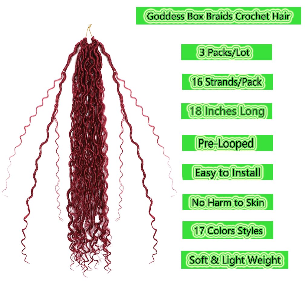 BALINGHAIR Goddess Locs Crochet Hair Burgundy 18 Inch 3 Packs Bohemian Faux Locs Crochet Hair With Curly Ends Pre Looped Hair Extensions 16 Roots/Pack(Bug)