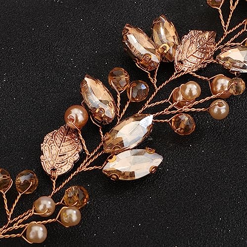 Teyglen Bride Wedding Hair Vine Bridal Gold Leaf Crystal Headband Handmade Black Champagne Rhinestone Pearl Hair Pieces Headpieces Hair Accessories for Bride Women Girls (Champagne)